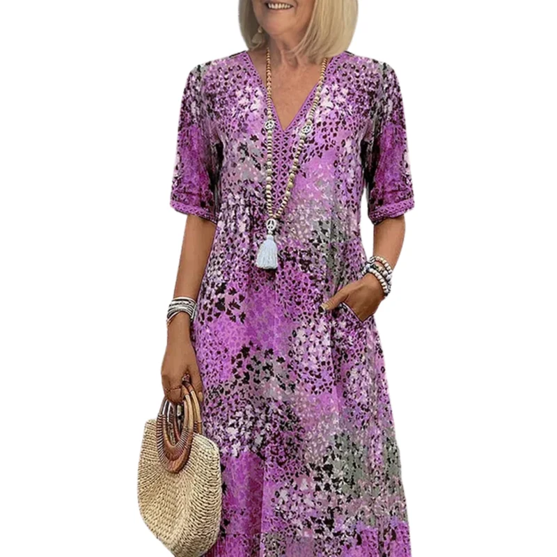 Robe évasée mi-longue femme — motif imprimé et col V — loisirs