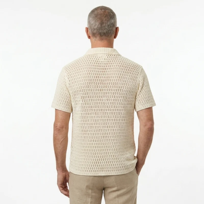 Polo crocheté homme — broderie botanique — style resort estival