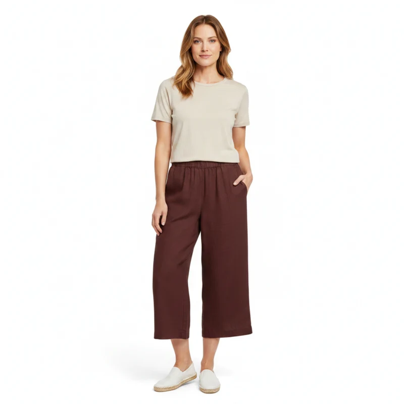 Pantalon Large en Lin pour Femme avec Taille Élastiquée et Coupe Courte