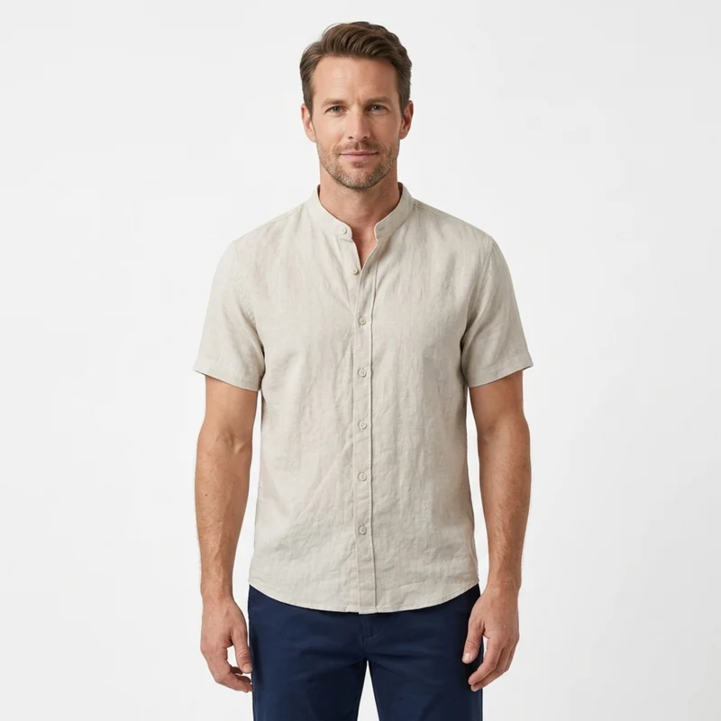 Chemise en lin homme à col officier et manches courtes — été