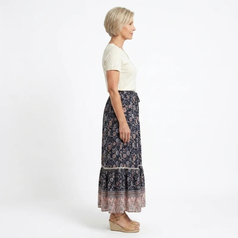 Jupe maxi longue fleurie — taille haute à lacets — tenue de plage