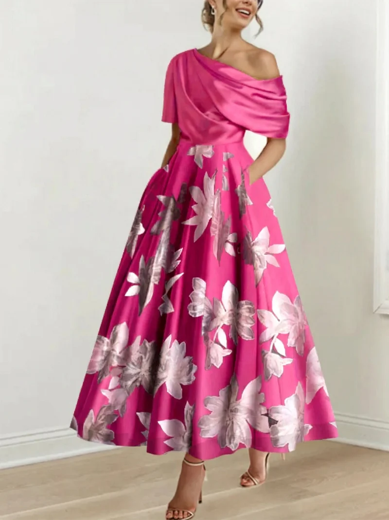 Robe de mère de la mariée à fleurs imprimées asymétrique en ligne A