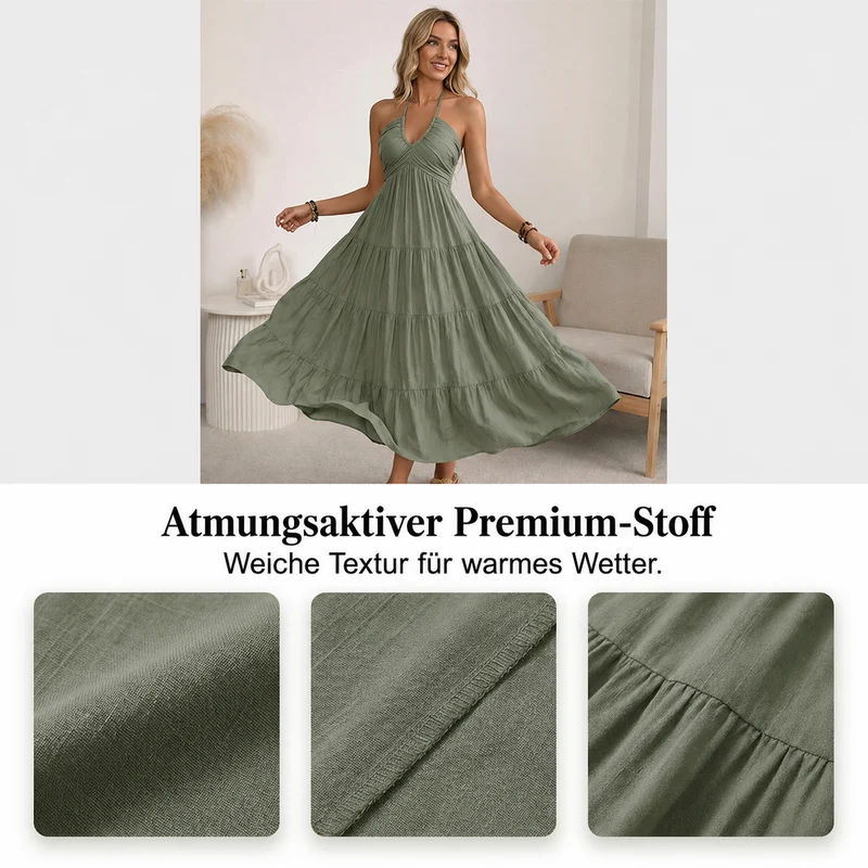 Robe longue dos nu à col halter avec drapés fluides