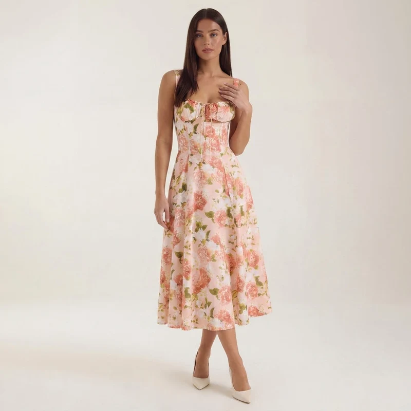 Robe midi fleurie pour femmes, idéale pour les invitées de mariage