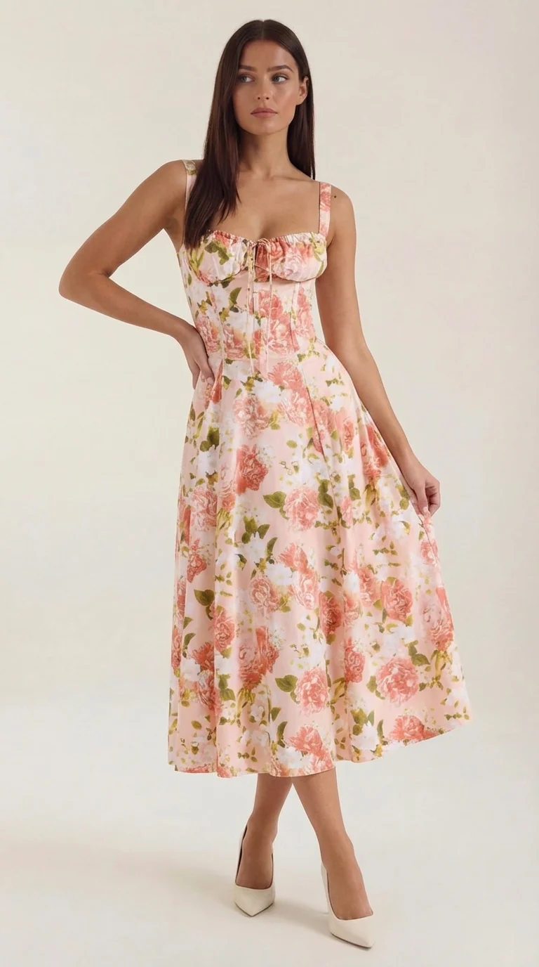 Robe midi fleurie pour femmes, idéale pour les invitées de mariage