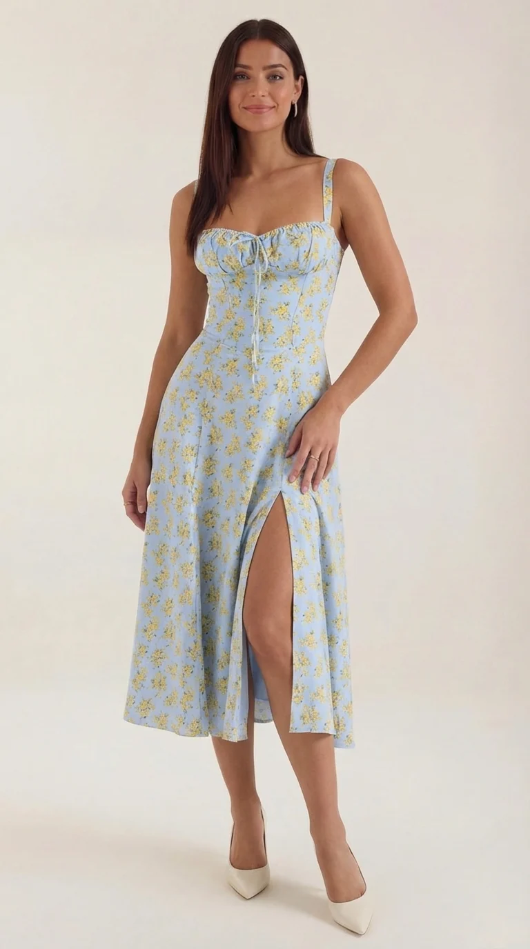 Robe midi fleurie pour femmes, idéale pour les invitées de mariage