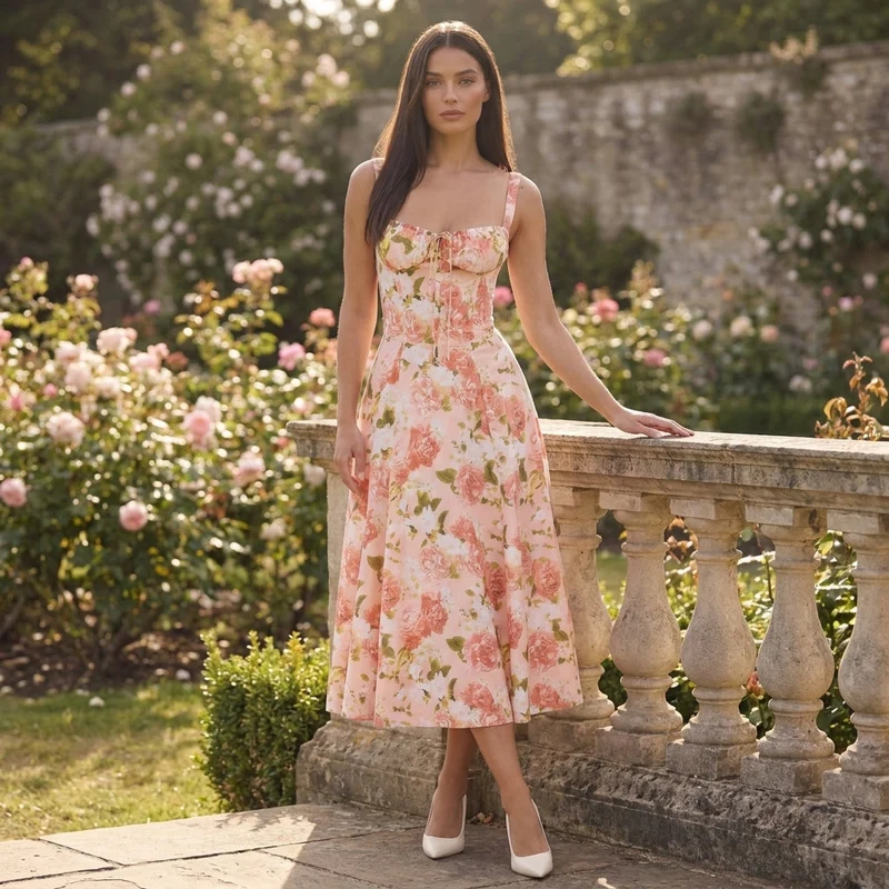 Robe midi fleurie pour femmes, idéale pour les invitées de mariage