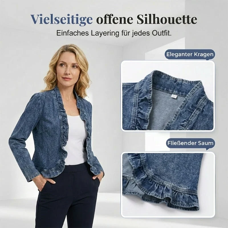 Veste en jean pour femmes avec bordure à volants et devant ouvert
