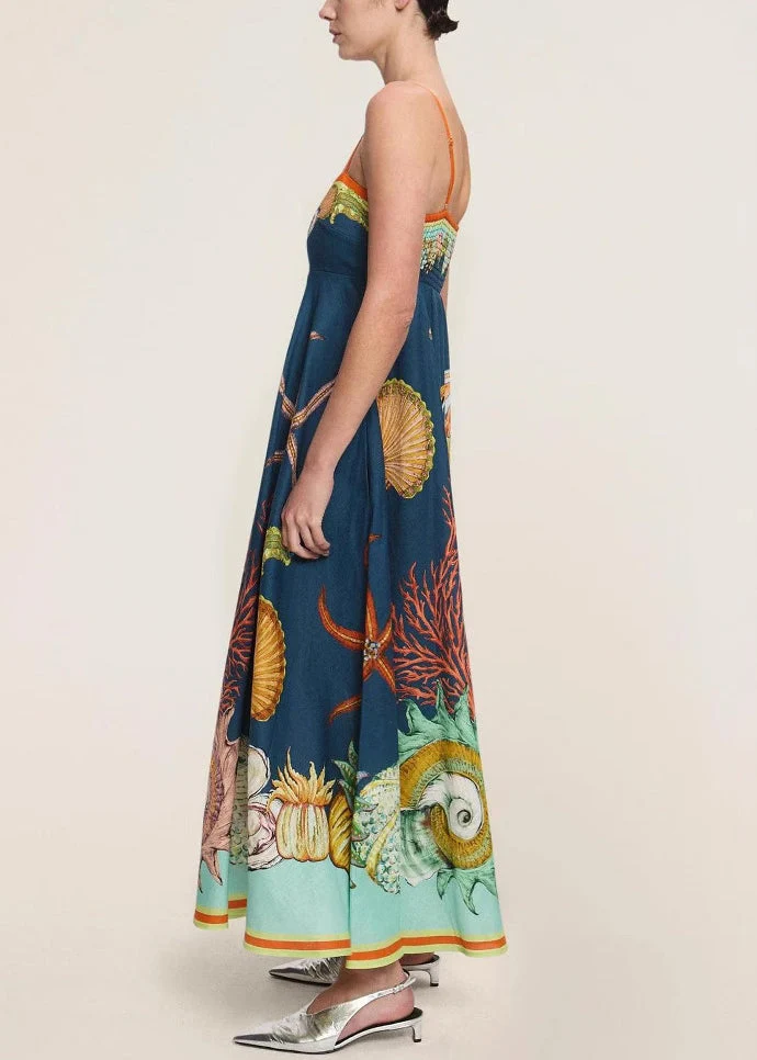 Sophie Paris I Robe sans manches en lin avec bretelles fines et imprimé Marine italienne