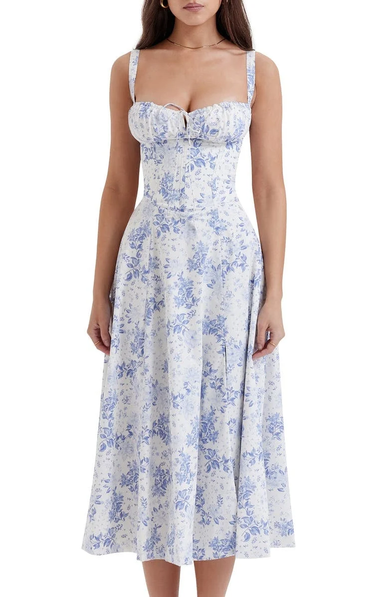 Robe moulante bustier à fleurs et taille découverte