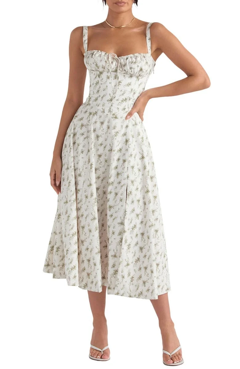 Robe moulante bustier à fleurs et taille découverte