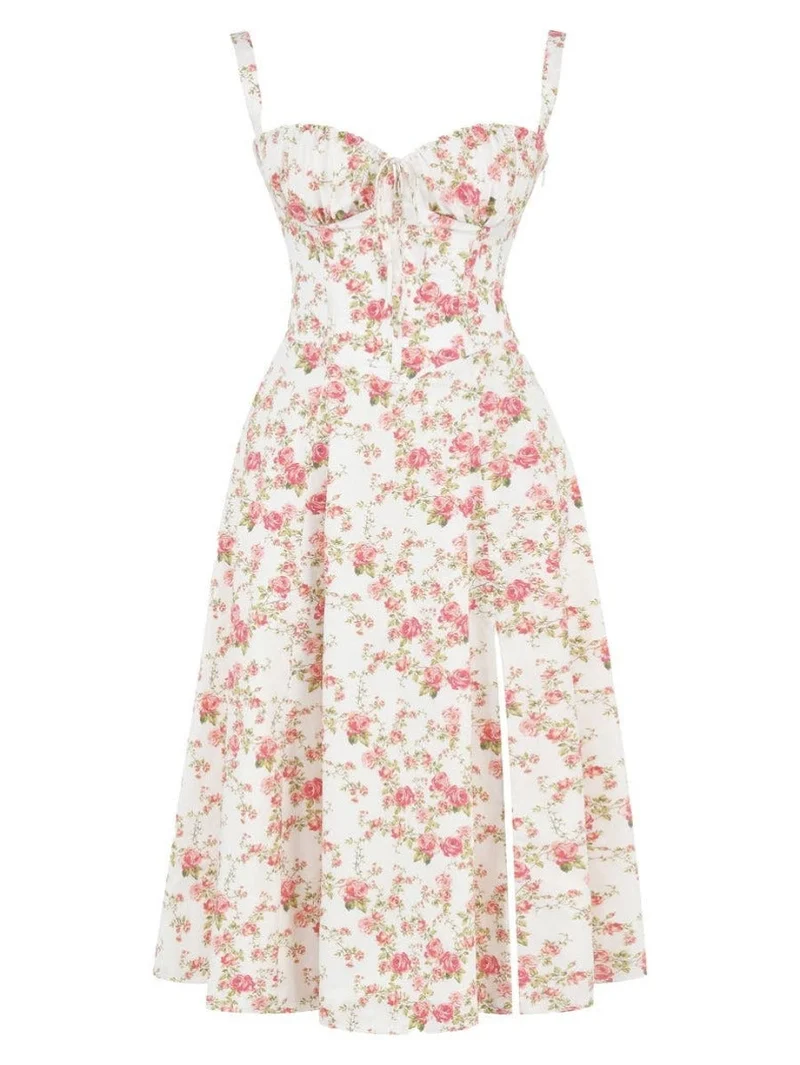 Robe moulante bustier à fleurs et taille découverte