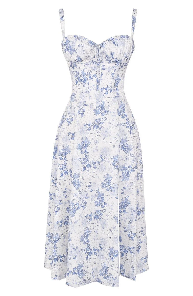 Robe moulante bustier à fleurs et taille découverte