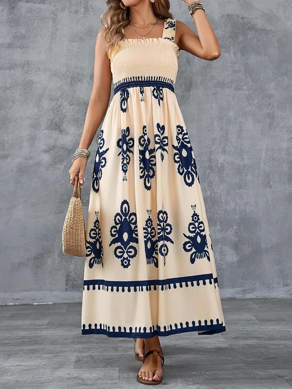 Robe Maxi Smockée à Imprimé Géométrique Artistique