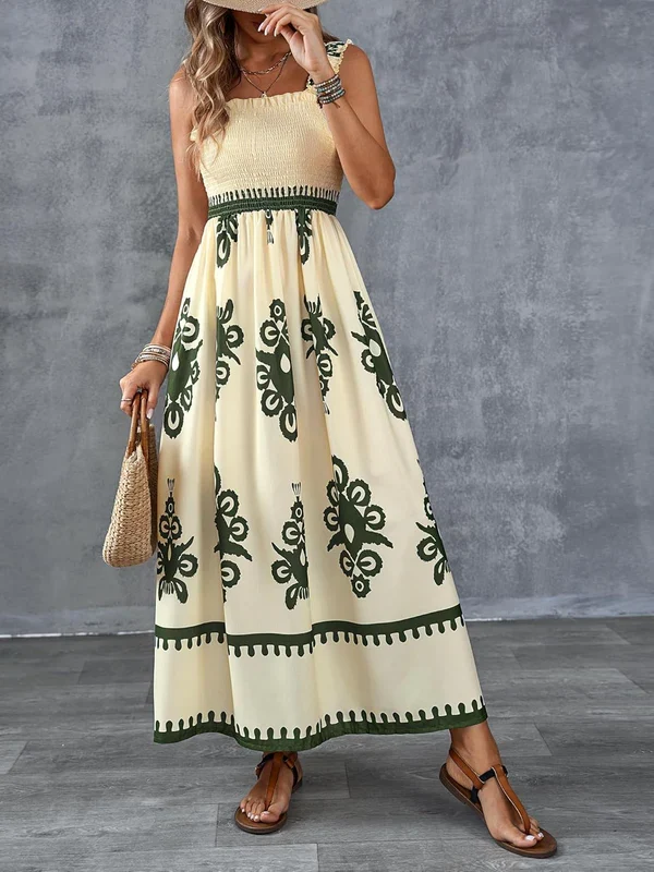 Robe Maxi Smockée à Imprimé Géométrique Artistique