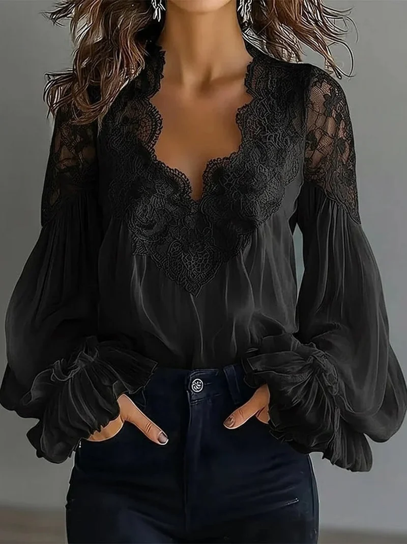 Blouse Femme en Dentelle à Manches Bouffantes Patchwork