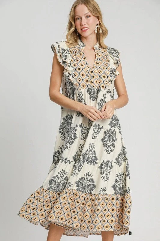 Robe longue à imprimé floral avec manches volantées pour femme