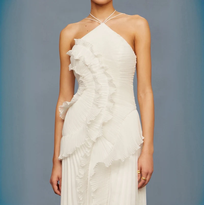 Robe mi-longue plissée blanche en forme de rose thé pour femmes