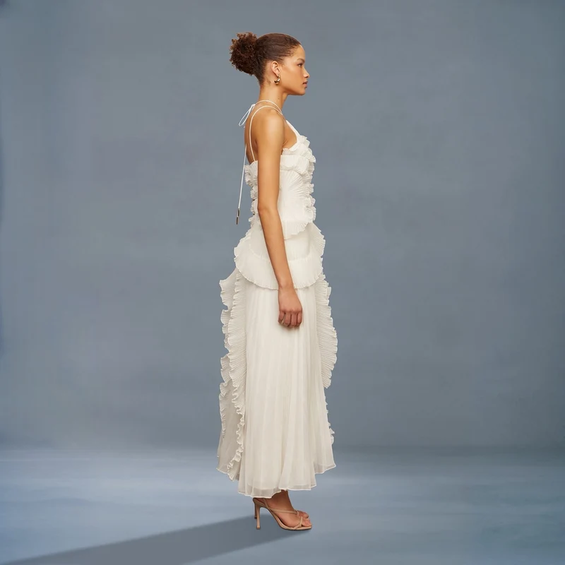 Robe mi-longue plissée blanche en forme de rose thé pour femmes