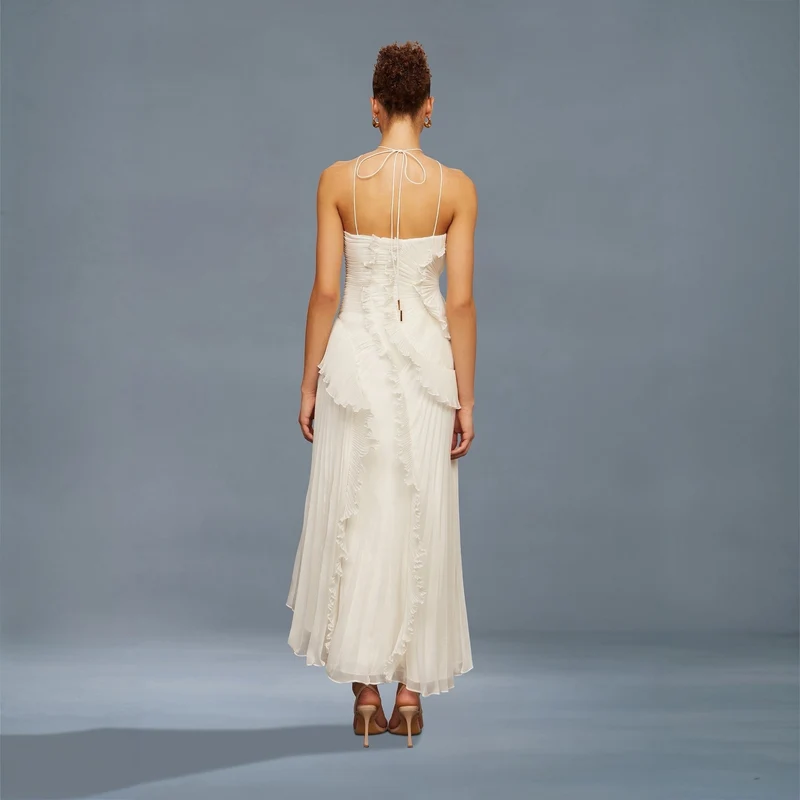 Robe mi-longue plissée blanche en forme de rose thé pour femmes