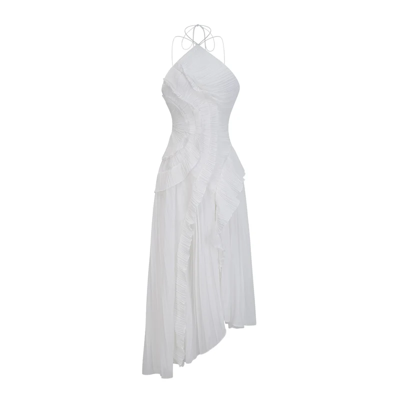 Robe mi-longue plissée blanche en forme de rose thé pour femmes