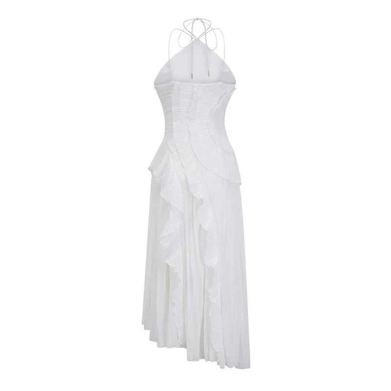 Robe mi-longue plissée blanche en forme de rose thé pour femmes