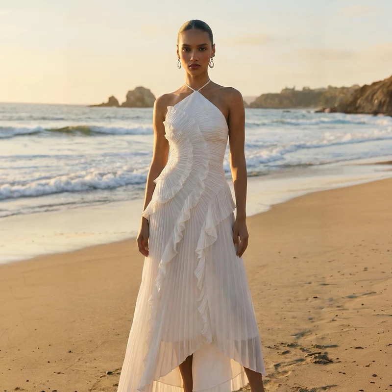 Robe mi-longue plissée blanche en forme de rose thé pour femmes