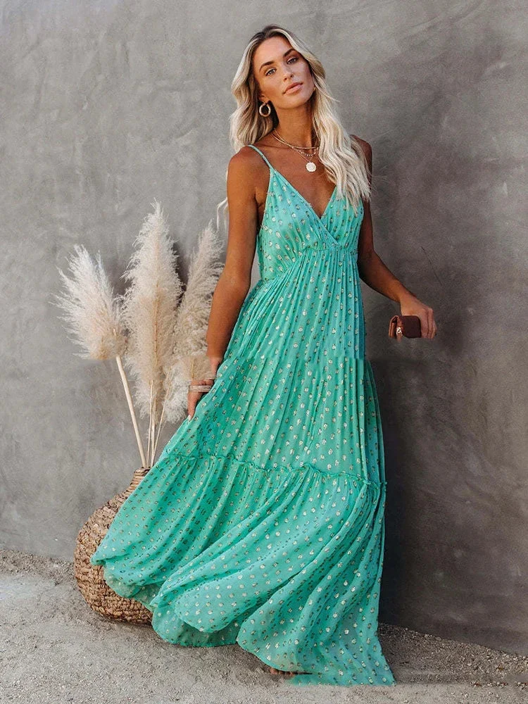 Robe Maxi d'Été Verte Style Bohème Chic