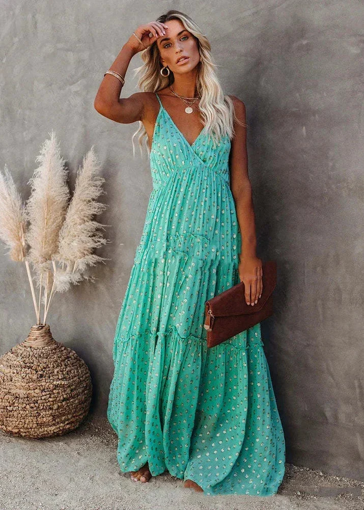 Robe Maxi d'Été Verte Style Bohème Chic