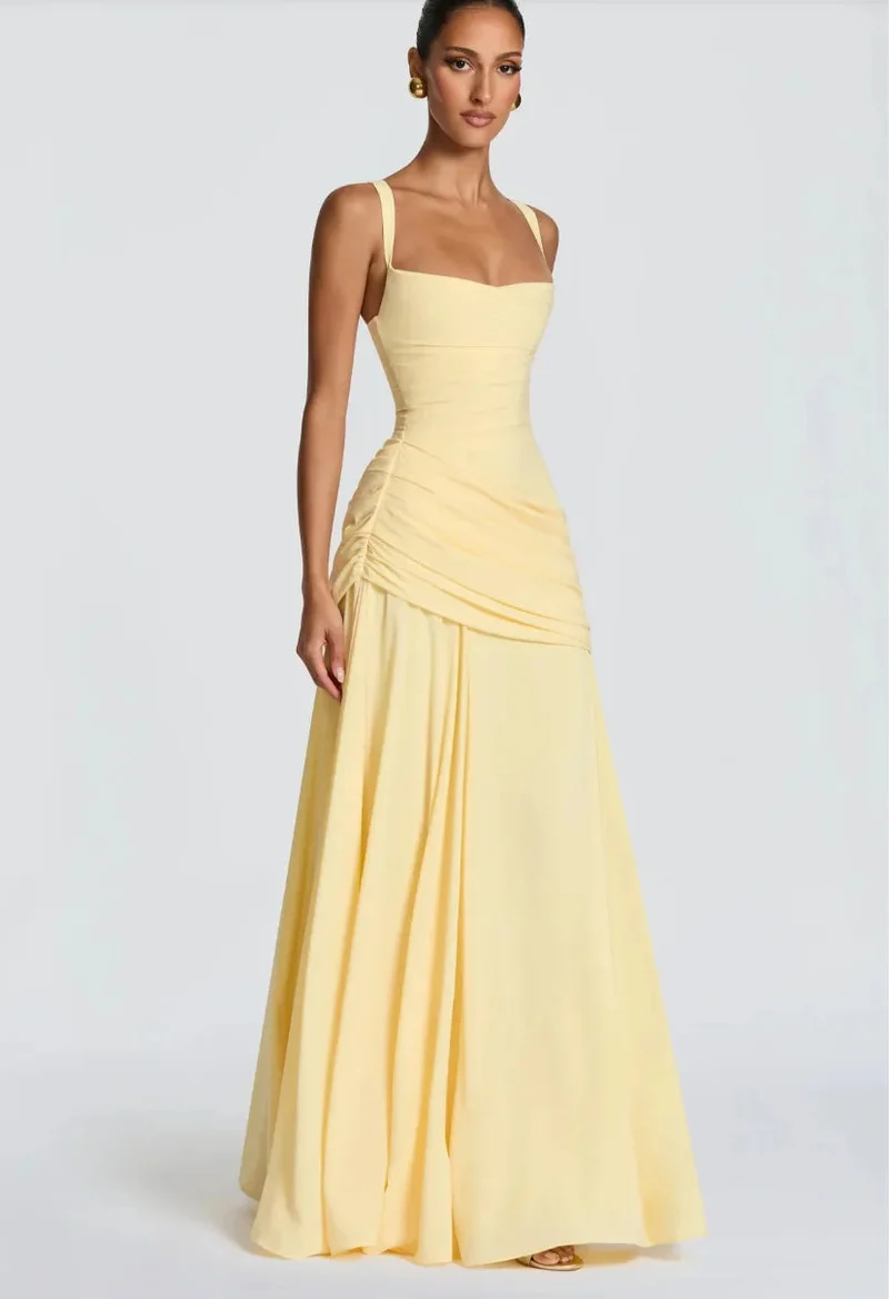 Robe Maxi Jaune Drapée Froncée pour Femme