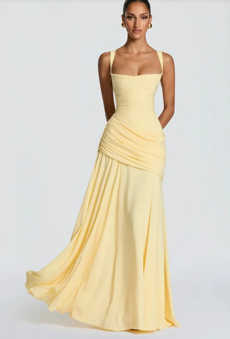 Robe Maxi Jaune Drapée Froncée pour Femme