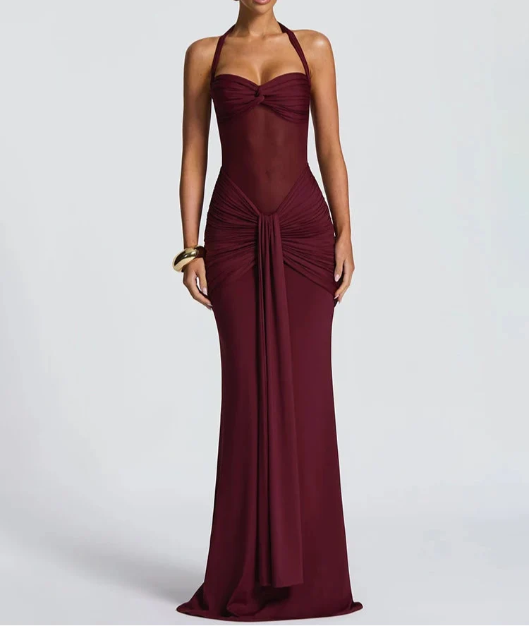 Robe longue moulante drapée à col halter robe de soirée sculptante