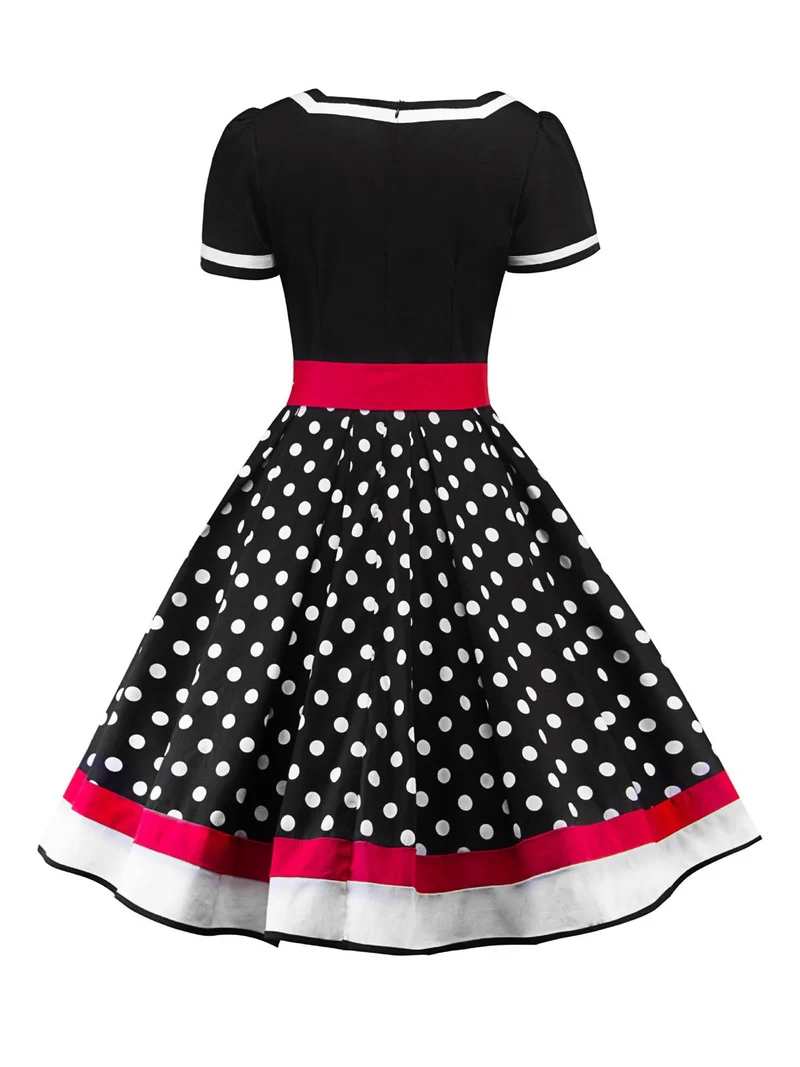 Robe vintage des années 50 à pois avec ceinture et jupe évasée Rockabilly