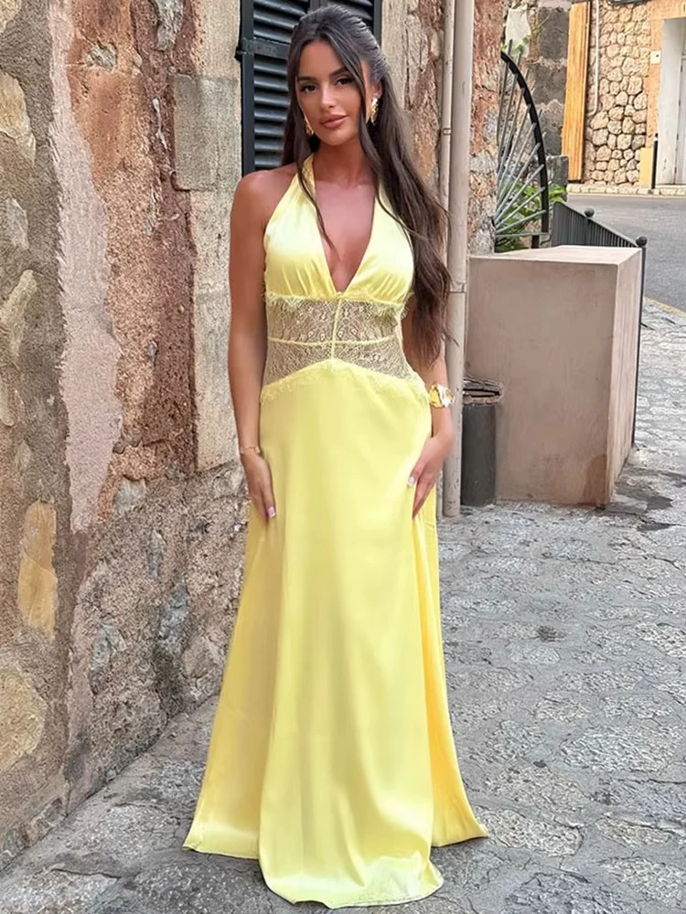 Robe Maxi Dos Nu à Panneaux en Dentelle et Col Halter