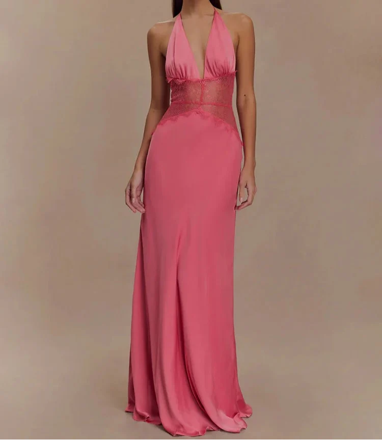 Robe Maxi Dos Nu à Panneaux en Dentelle et Col Halter