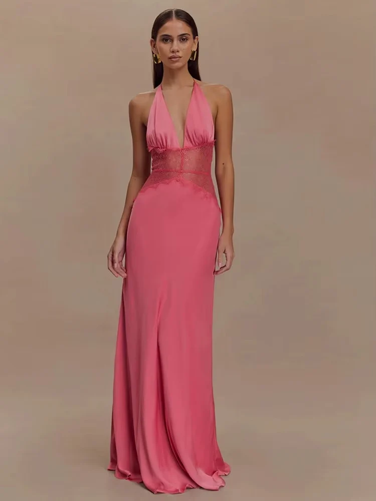 Robe Maxi Dos Nu à Panneaux en Dentelle et Col Halter