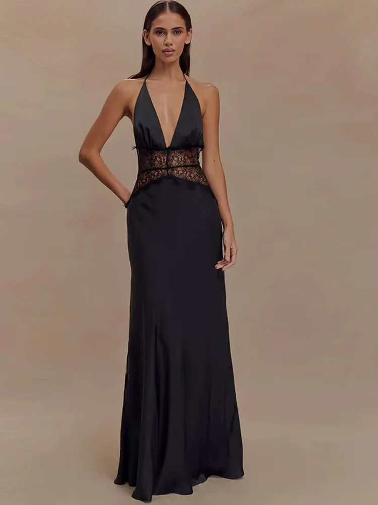 Robe Maxi Dos Nu à Panneaux en Dentelle et Col Halter