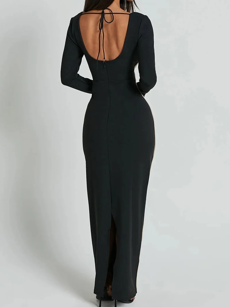 Robe maxi moulante à manches longues avec bordure contrastée