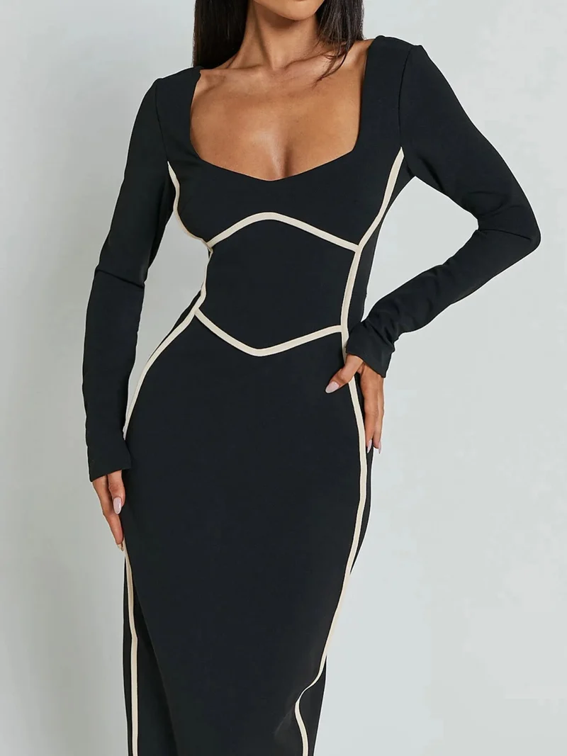 Robe maxi moulante à manches longues avec bordure contrastée
