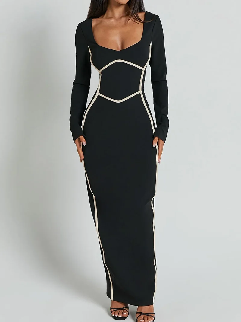 Robe maxi moulante à manches longues avec bordure contrastée