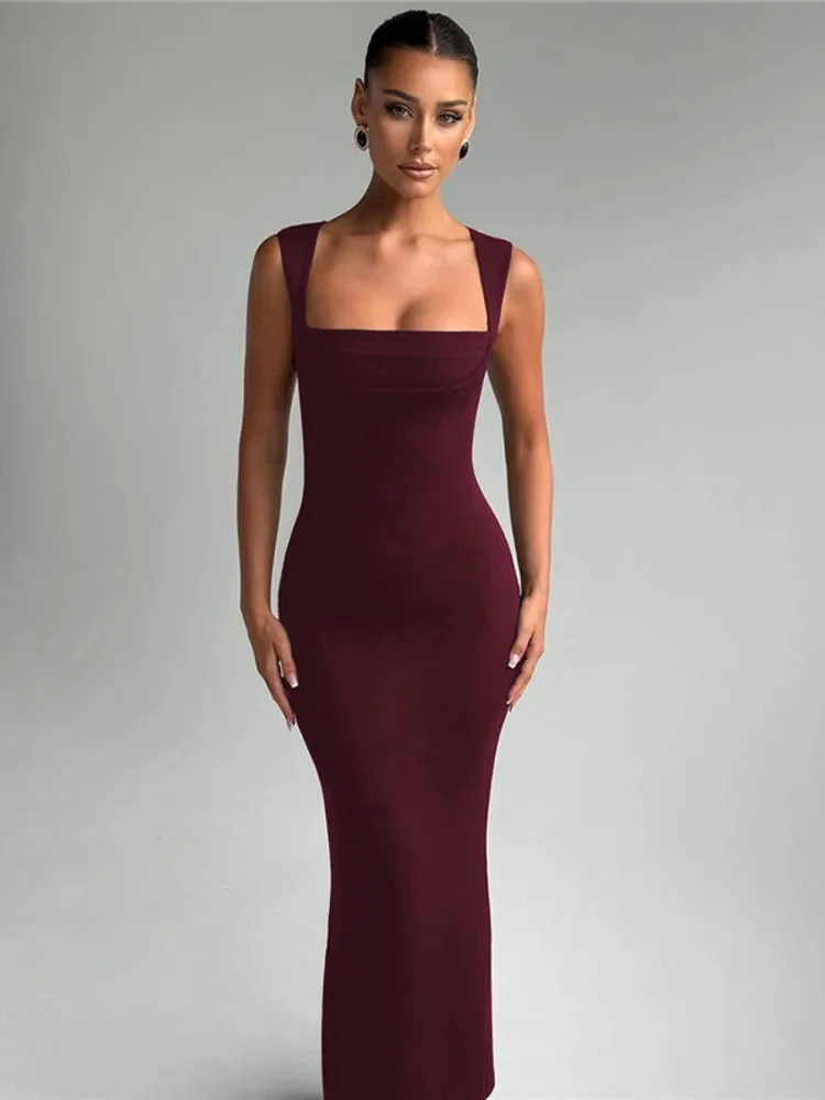 Robe Maxi Moulante Col Carré Robe de Soirée Sculptante