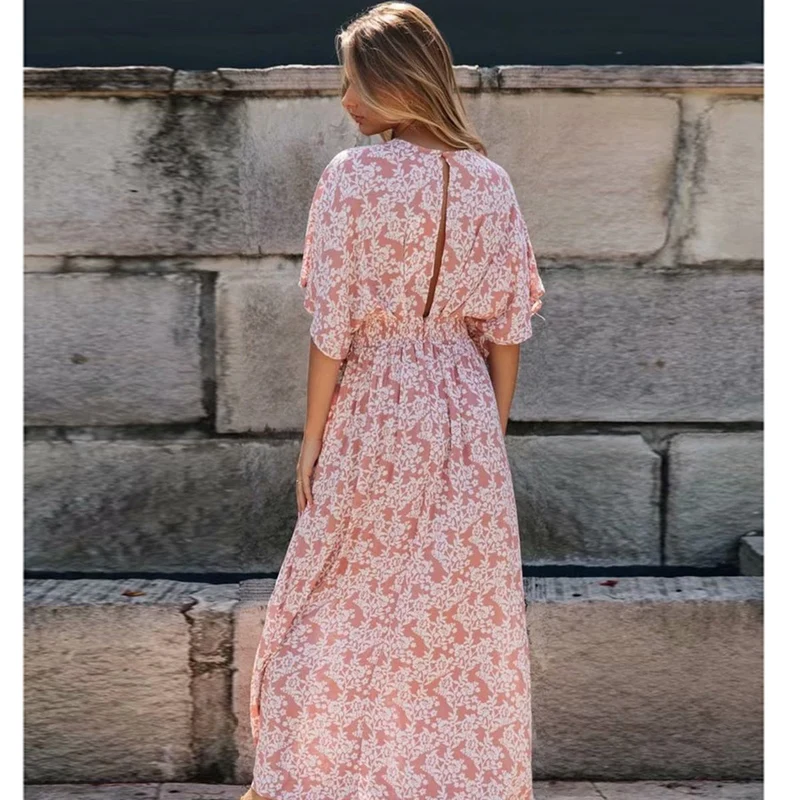 Robe midi bohème fendue rose poudré