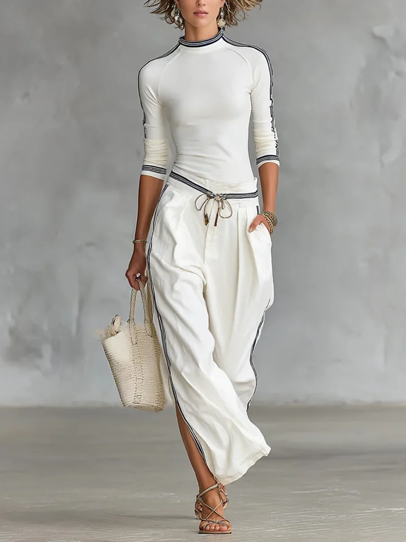Ensemble deux pièces : haut en maille extensible confortable et pantalon en lin coton