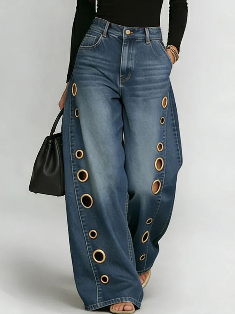 Jean décontracté large à taille haute pour femmes