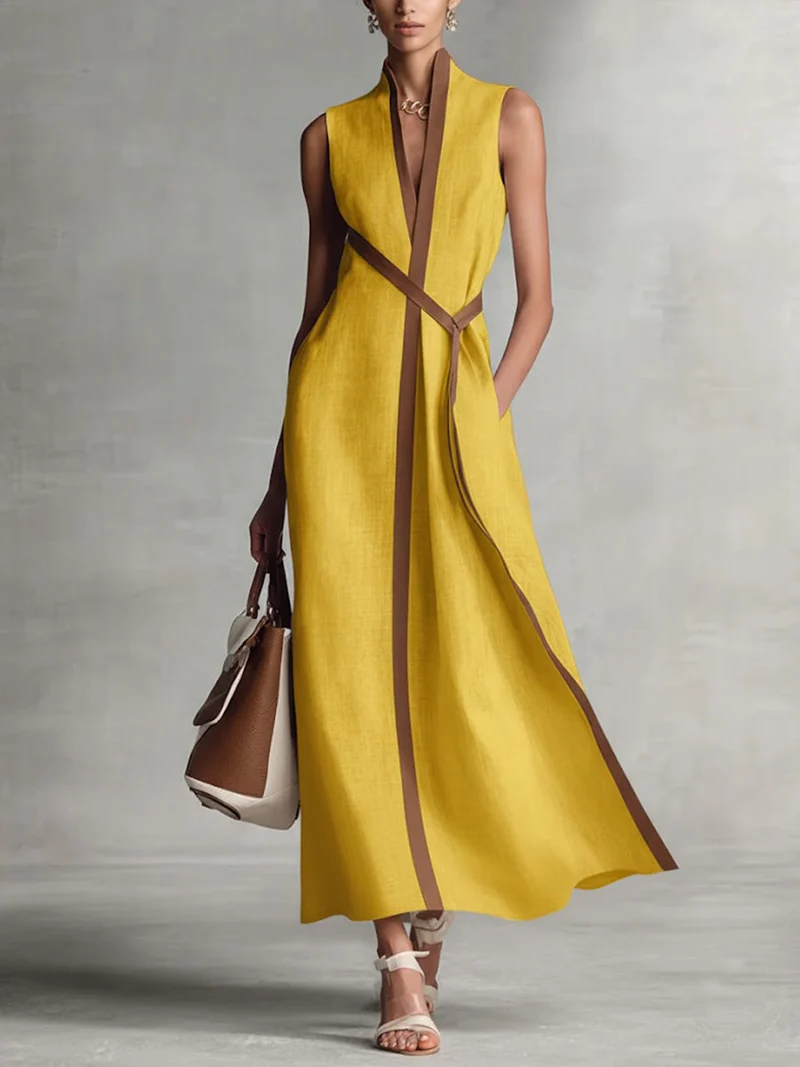 Robe décontractée sans manches à col montant en coton et lin pour femmes