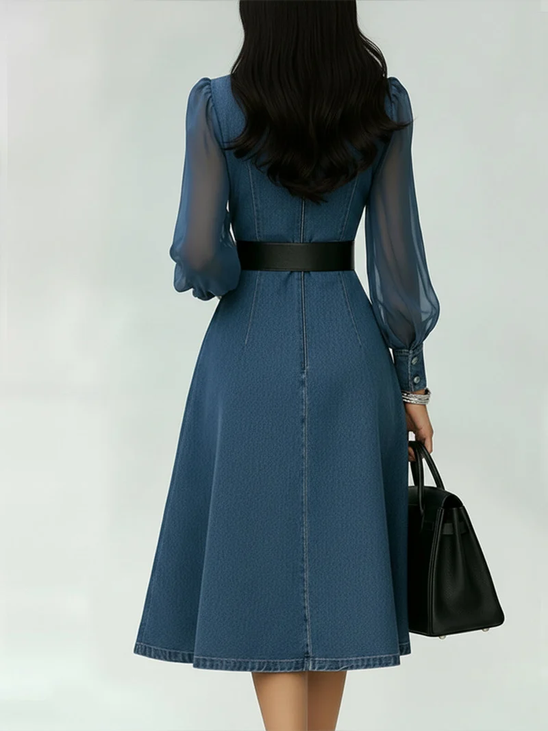Robe en denim élégante avec panneaux de manches en organza transparent