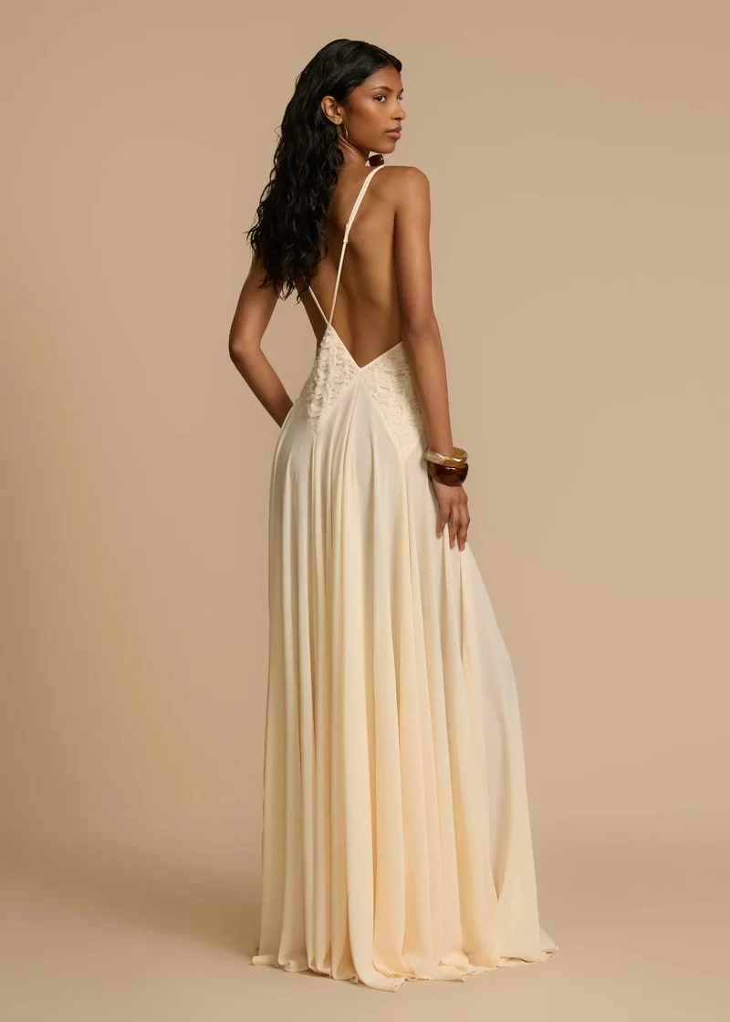 Robe Maxi Blanche à Col V Profond en Dentelle, Fluide, à Bretelles, Robe de Vacances