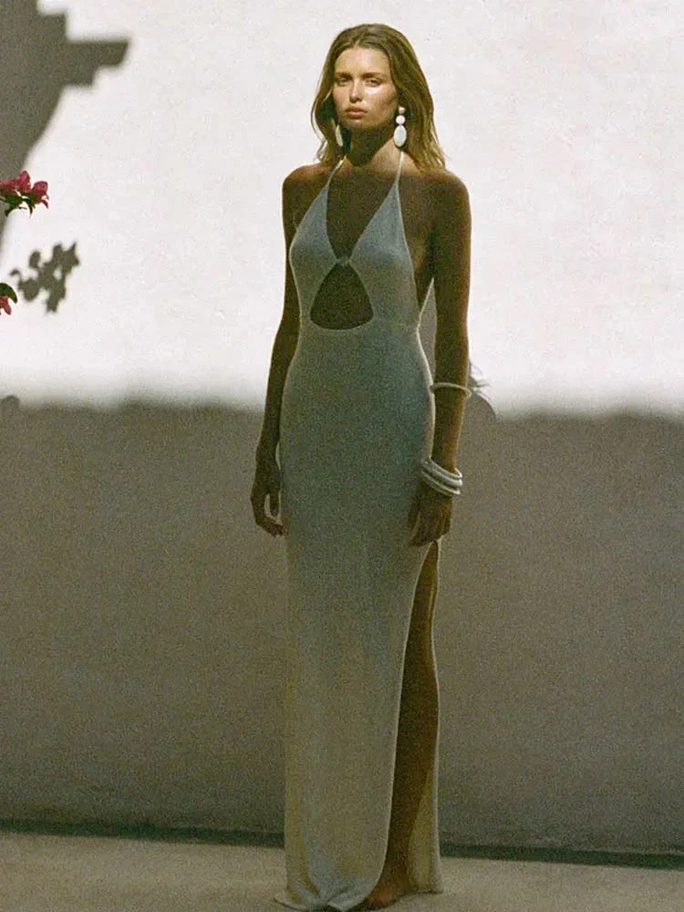 Robe Maxi Dos Nu à Découpes avec Fente Latérale, Paréo de Plage