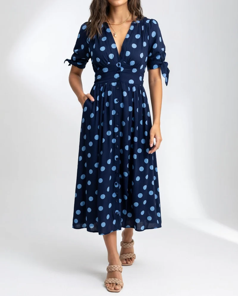 Robe Midi Élégante à Pois pour Femmes