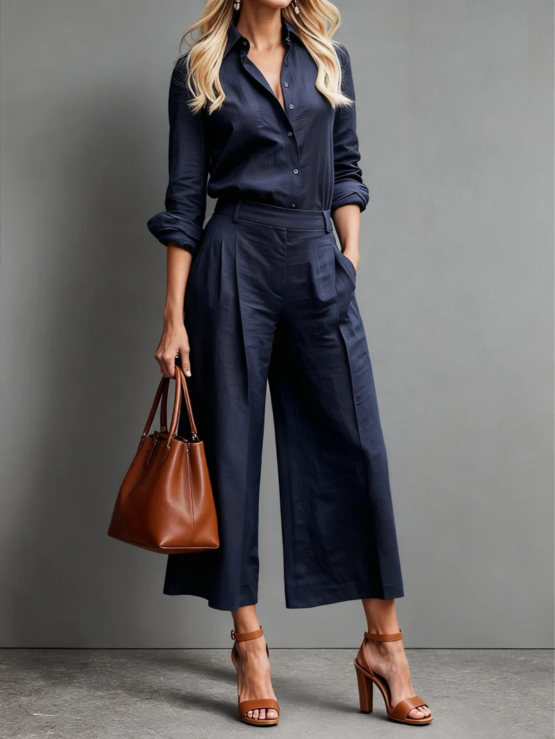 Ensemble Femme Pantalon Capri en Lin Rose et Chemise Ample